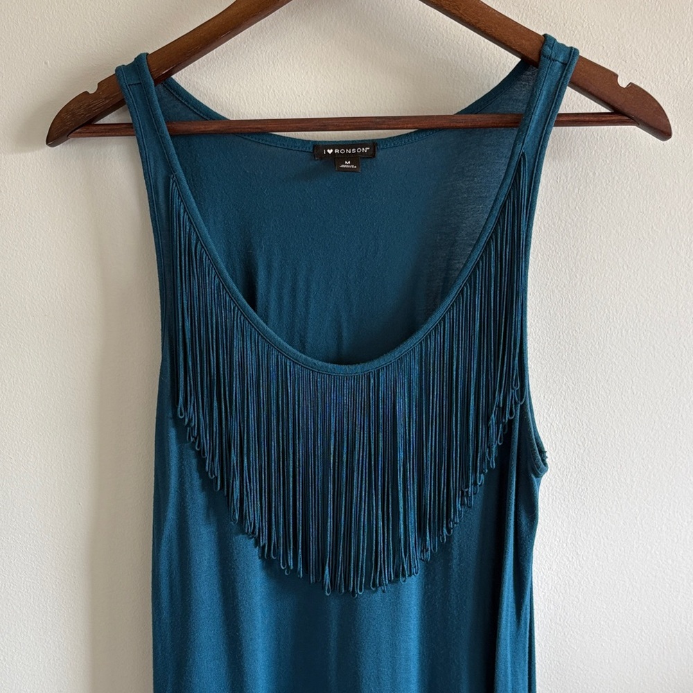 I ❤️ Ronson Teal Fringe Tank Top Boho Festival Sleeveless Medium